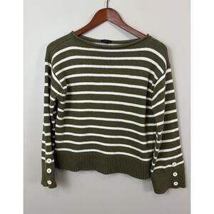 Talbots Striped Cotton Bateau Neck Sweater Size S Olive Cream Casual Coastal